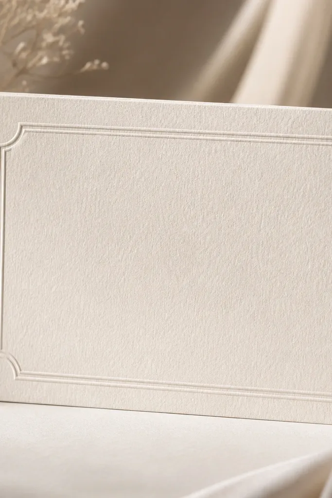 A card on thick cream cardstock with slightly raised-looking ink impression on a line border; the lighting shows subtle texture.