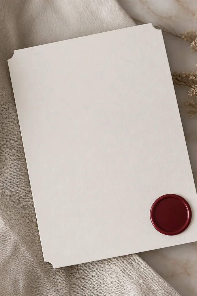 A save the date card with a small circular sticker in wax-red near the corner; subtle corner punch marks are visible.