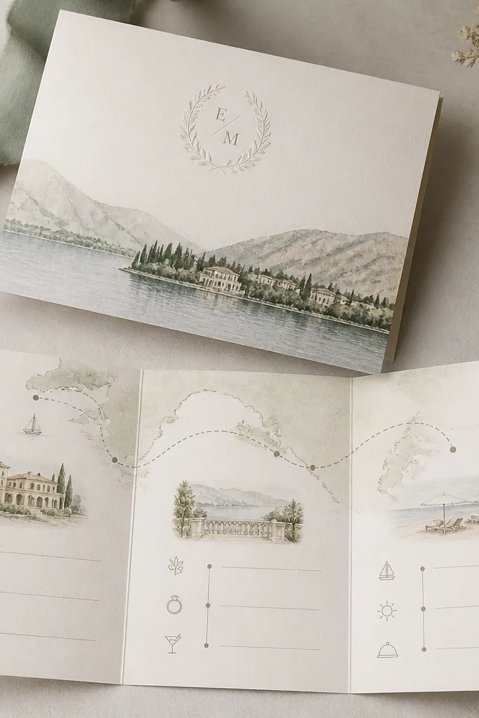 A save the date with a monogram at the top, plus a folded insert showing a travel itinerary layout inside.