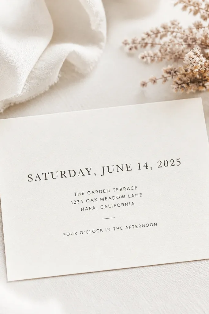 A card with a large serif font date line and smaller thin sans-serif text for address and time; lots of white space around it.