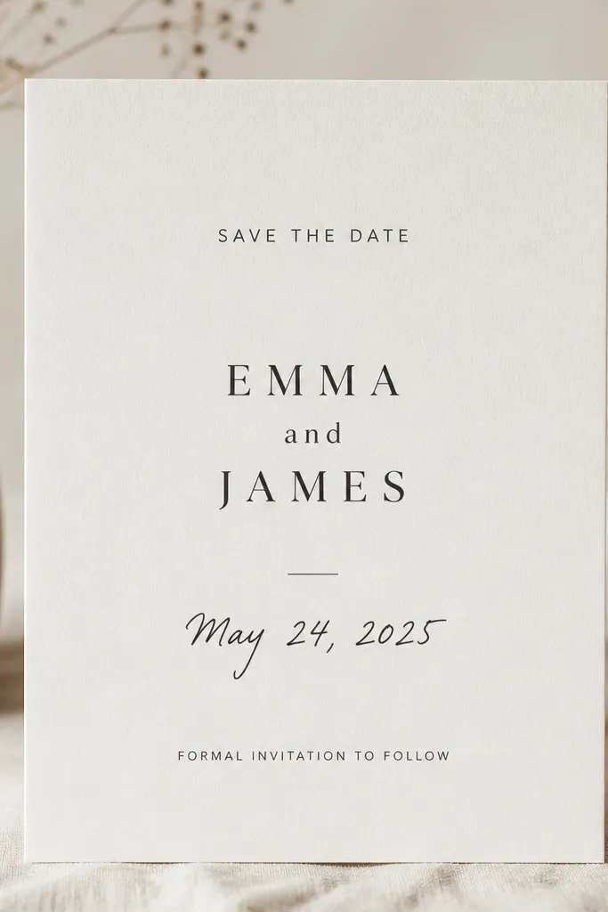 A save the date with a handwritten-looking date line in dark ink; the rest of the typography is clean and typed.