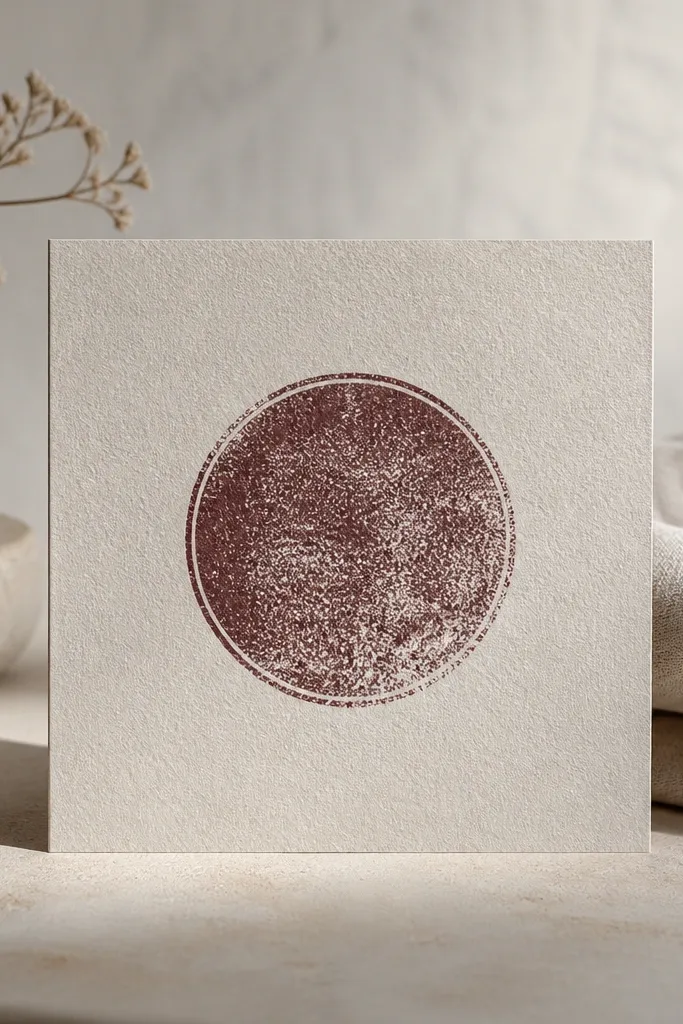 A card featuring a circular stamp graphic in a muted burgundy; the background is a subtle textured paper grain.