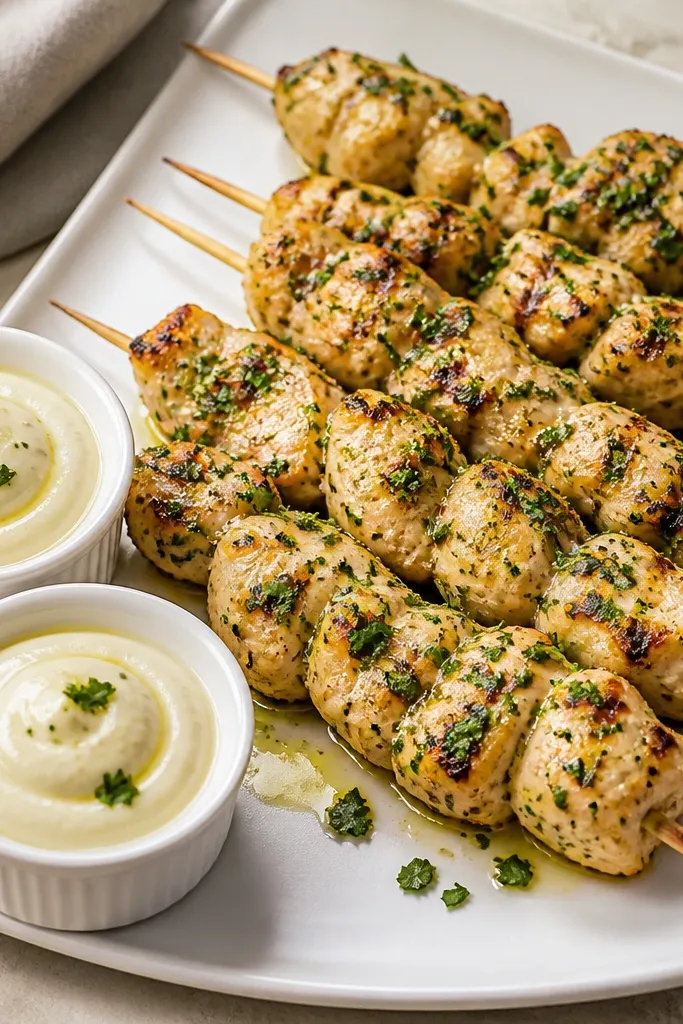 A tray of neat chicken skewers on a matte white platter, brushed with glossy lemon oil, topped with chopped parsley. Small white ramekins sit beside the skewers with a swirl of thick pale sauce.