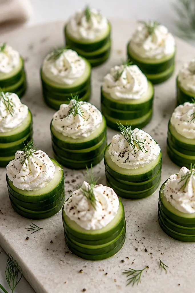 Rows of cucumber rounds stacked into small cups, each filled with smooth whipped feta. The tops are dusted with cracked black pepper and tiny dill fronds on a pale stone board.