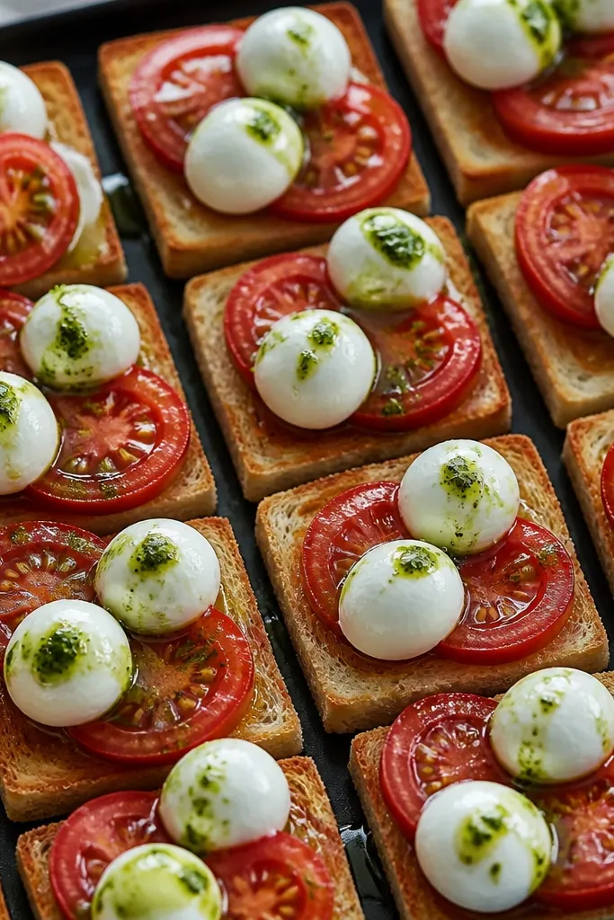 Small toasted flatbread squares topped with glossy tomato slices and white mozzarella pearls, finished with a drizzle of green basil oil. The squares are arranged in a tight grid on a black tray.