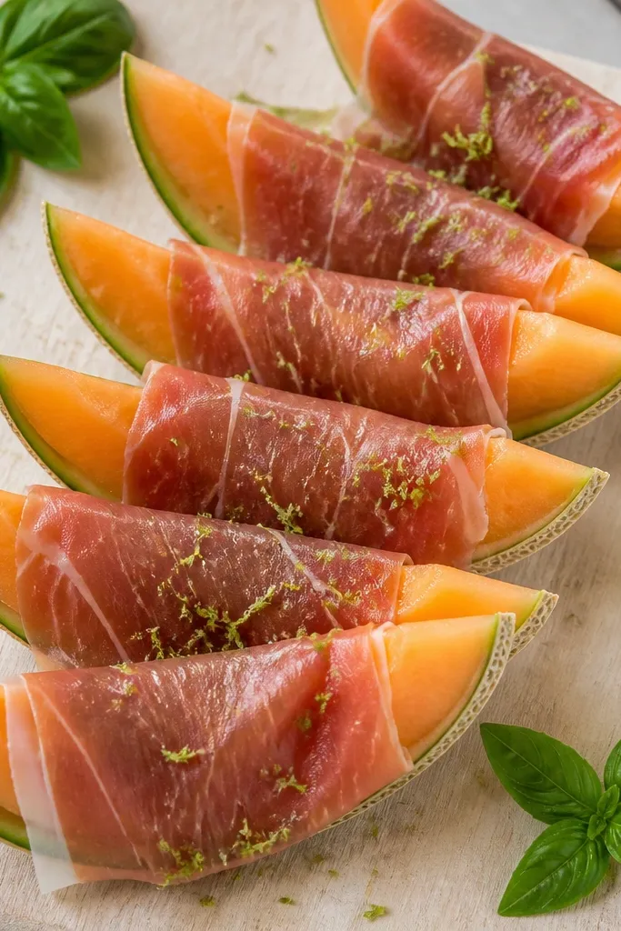 Half-moon slices of cantaloupe wrapped with thin prosciutto, arranged like a neat fan on a pale wood board. Lime zest is sprinkled over the top and a few basil leaves sit at the corners.