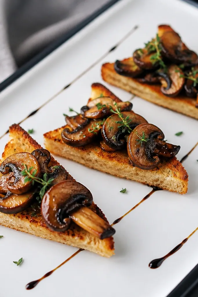Triangular toast points with roasted mushrooms piled neatly, finished with a thin balsamic glaze line and a few thyme leaves. The tray is matte white with a dark border.