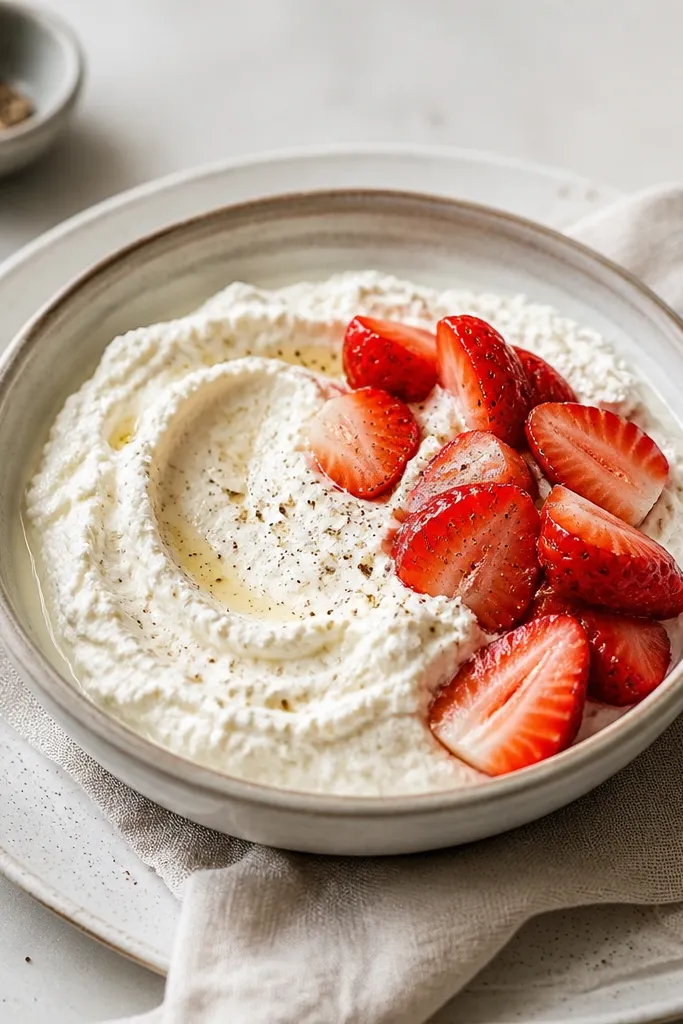 A shallow bowl of smooth whipped ricotta with a spoon swirl, topped with sliced strawberries and a few cracks of black pepper. The bowl sits on a white ceramic plate with a linen napkin.