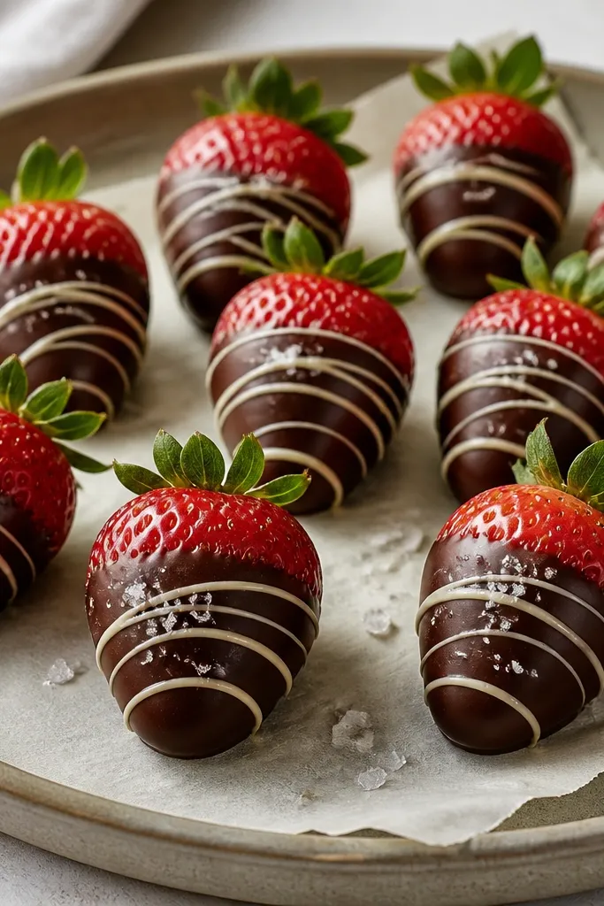 A platter of whole strawberries dipped halfway in dark chocolate, set on parchment. Fine sea salt is sprinkled on top, with a few white chocolate drizzles in thin lines.