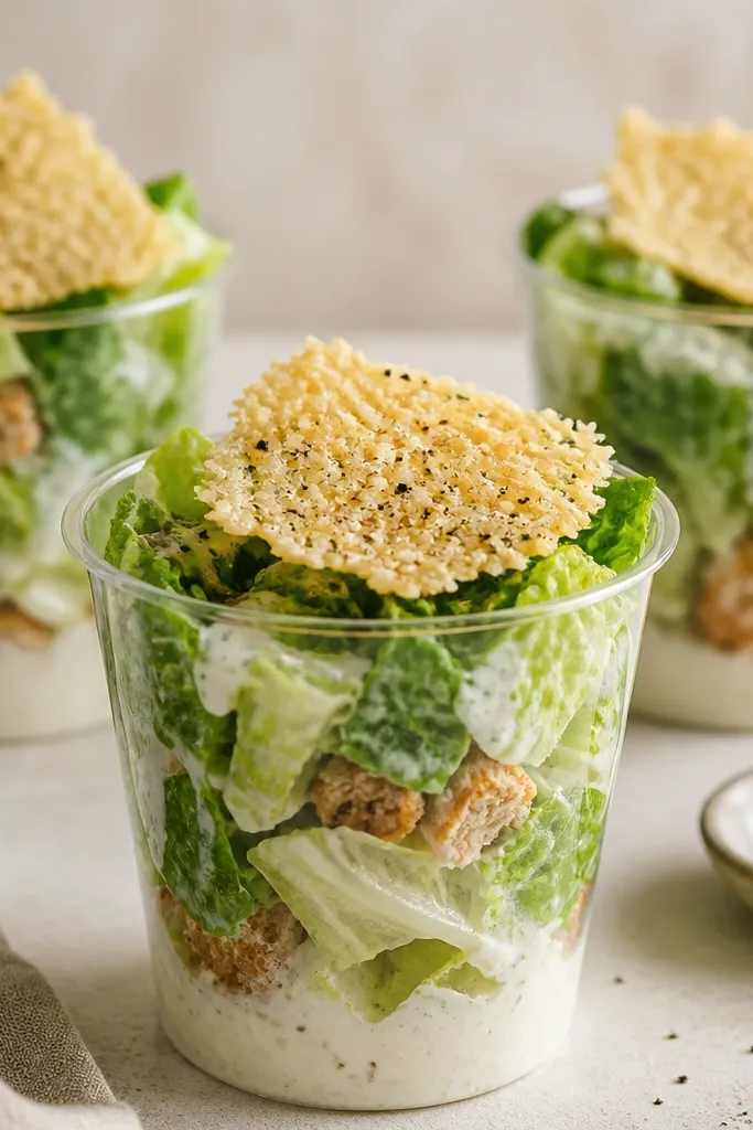 Clear cup containers with layered romaine, Caesar dressing, and crouton bits. Each cup has a small parmesan crisp perched on top, with black pepper specks.