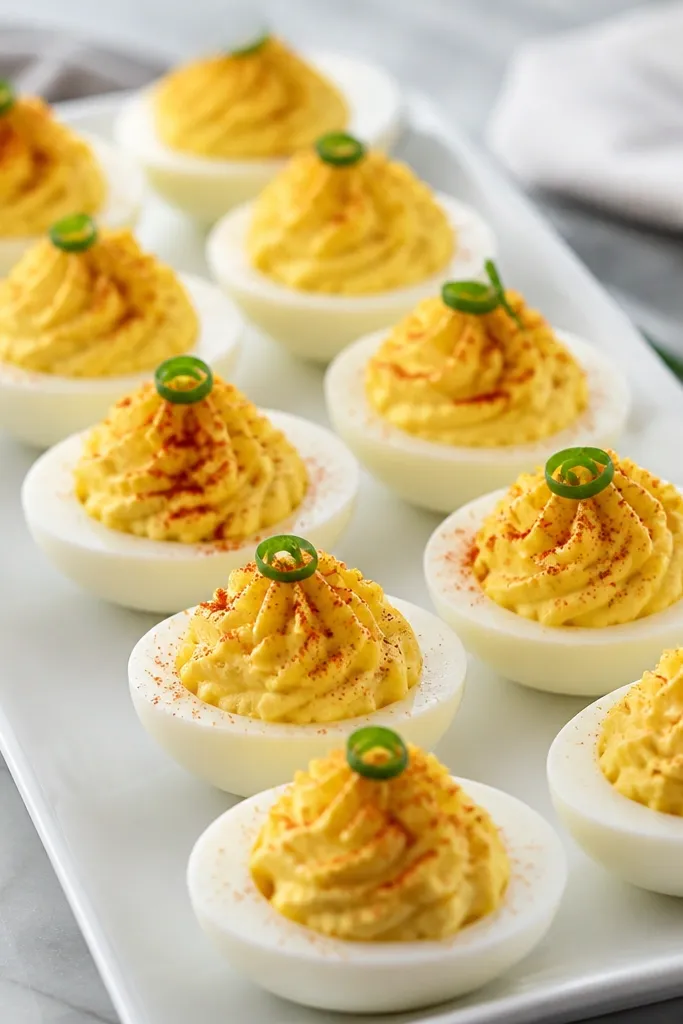 Deviled eggs piped neatly into egg halves, arranged on a long tray. Each egg has a smooth yellow filling topped with a dusting of smoked paprika and a tiny chive curl.