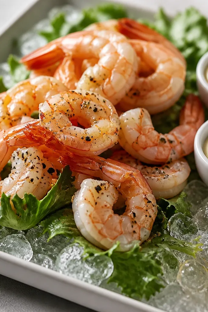 A bed of chilled greens on a tray topped with glossy shrimp, dusted with coarse black pepper. Small white ramekins of citrus aioli sit beside the shrimp.
