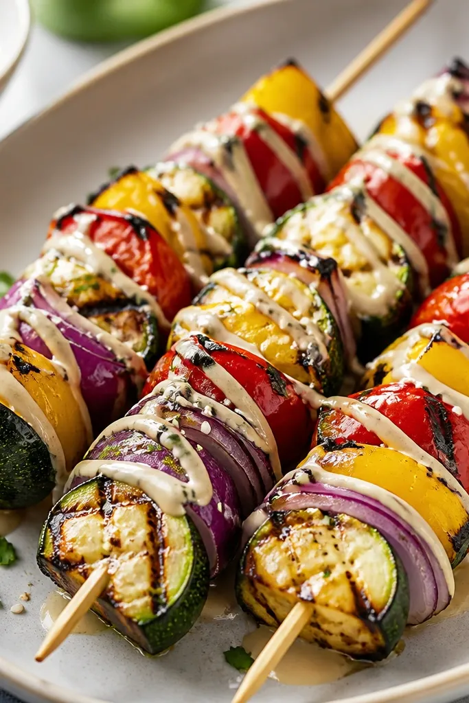 Skewers with alternating zucchini, bell pepper, and red onion pieces, char-marked and glossy. A thin tahini lemon drizzle is applied in lines, and a few sesame seeds scatter on top.