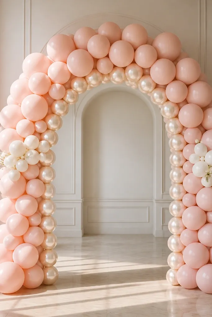 A tall balloon arch made of blush matte balloons with a ring of pearl champagne balloons inside the opening, plus a small white floral balloon cluster on both sides.