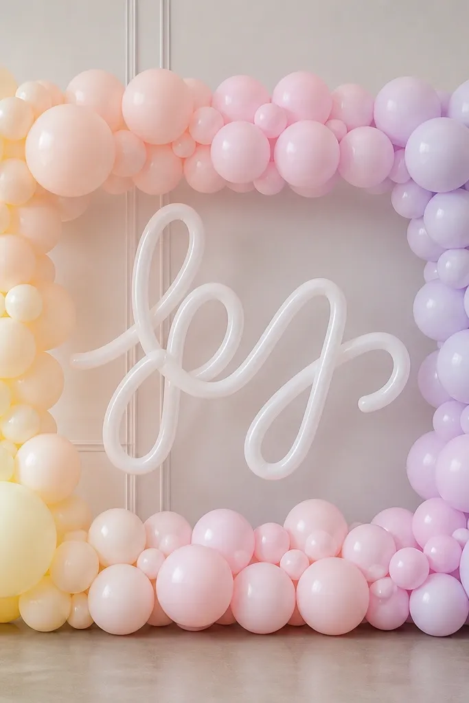 A rectangular balloon frame with a smooth pastel gradient from light cream on the left to pale pink and lavender on the right, with a white balloon script sign in the center.