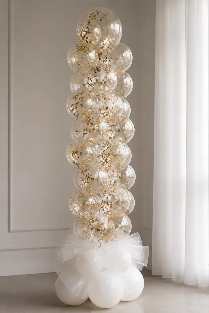 A tall column of clear balloons filled with small gold confetti, anchored to a white balloon base cluster wrapped in sheer tulle.