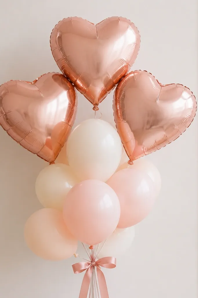 Three rose gold foil heart balloons arranged in a slight arc, with a small cluster of cream and blush latex balloons at the bottom tied with a satin ribbon.