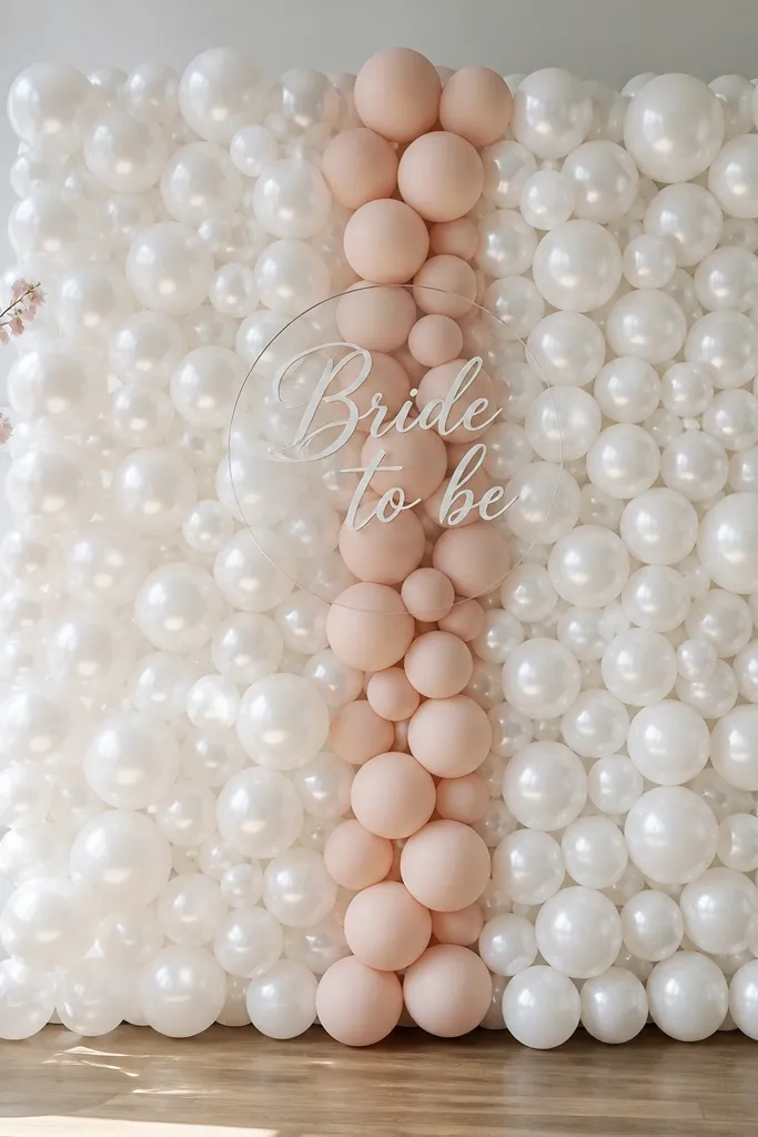 A balloon wall made of mostly white pearl balloons with a single vertical strip of blush matte balloons running down the center, plus a clear acrylic "Bride to be" sign.
