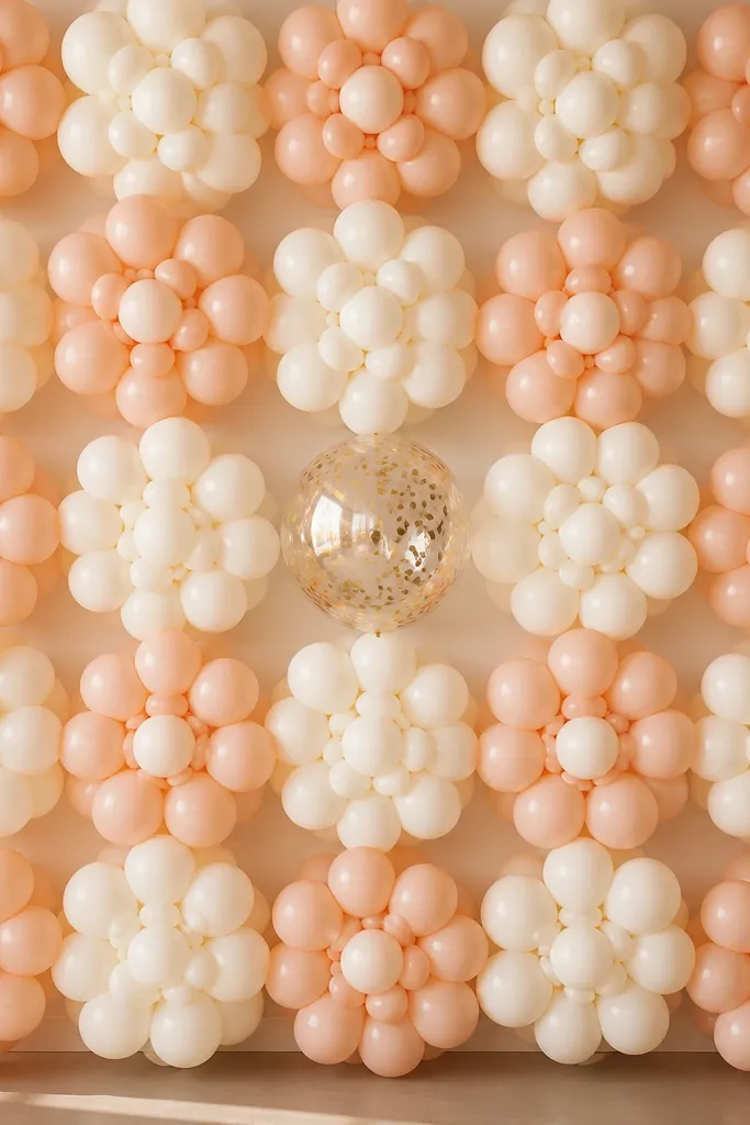 A backdrop made of peach and cream balloon rosettes arranged in a grid, with one single clear balloon filled with gold confetti placed in the center.