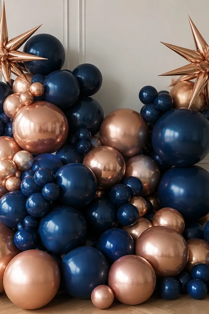 A dense balloon cluster with midnight blue balloons and rose gold accents, plus two starburst-shaped balloons in the upper corners.