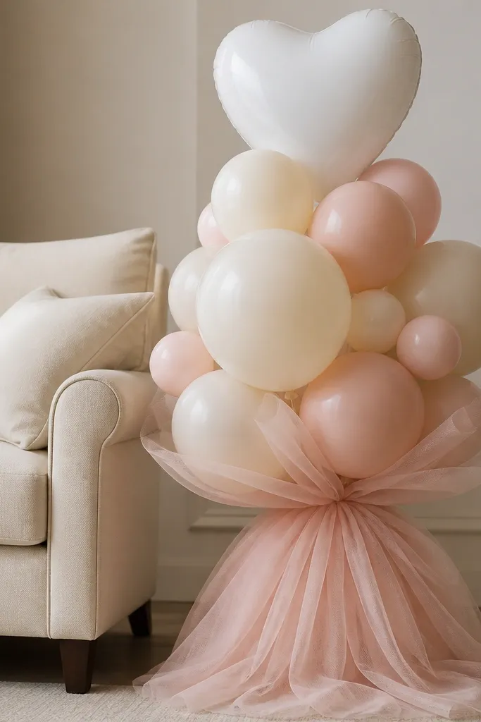 A chair-side balloon bouquet wrapped in blush tulle, with large cream and blush balloons and a single white heart balloon at the top.