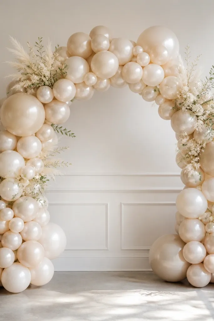 A champagne balloon arch with a few white dried flower sprays tucked into the balloon clusters, plus soft green stems peeking between balloons.