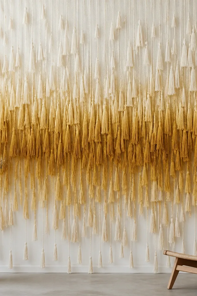 A fringe wall with tassels in ombre colors from ivory to pale yellow to mustard. Tassels are attached in rows to a white mesh or net backing, with the densest row at center height.