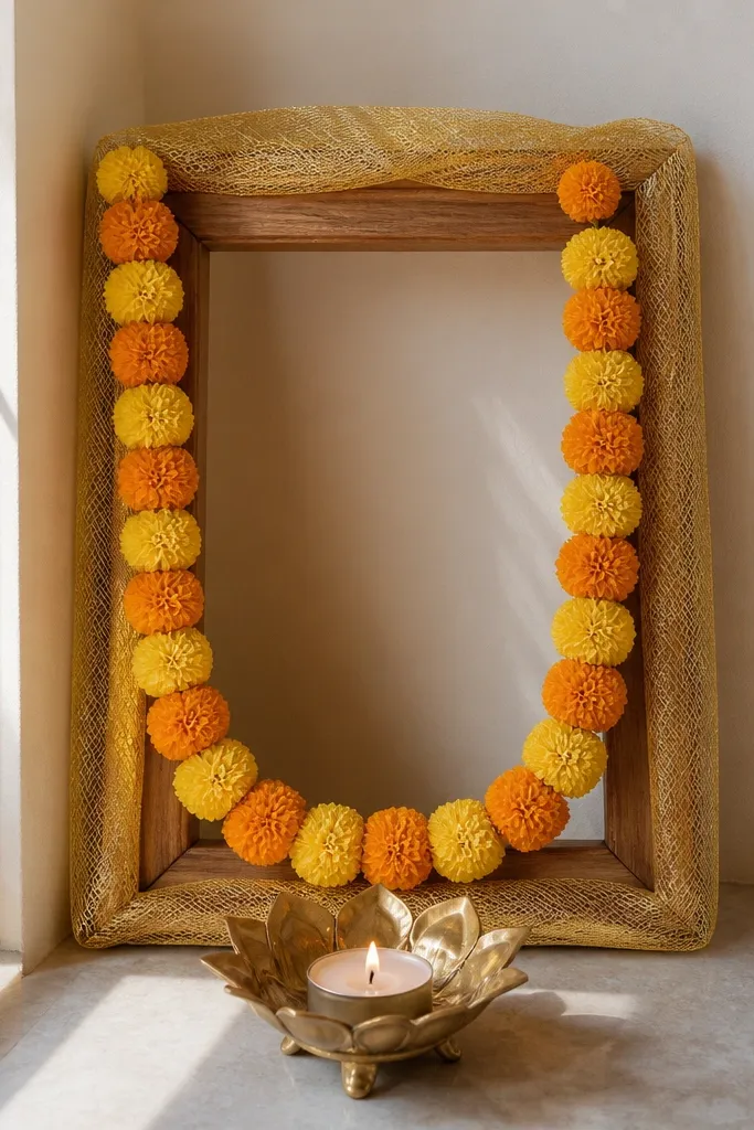 A small decorative corner setup: a rectangular wooden frame wrapped in golden mesh netting, with a small diya holder in front and a mini marigold garland draped along the frame edges.