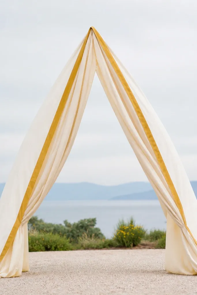 A simple arch frame covered with flowing fabric in ivory and cream, with a mustard border tape running along the outer edges. The arch has soft folds and a clean top point.