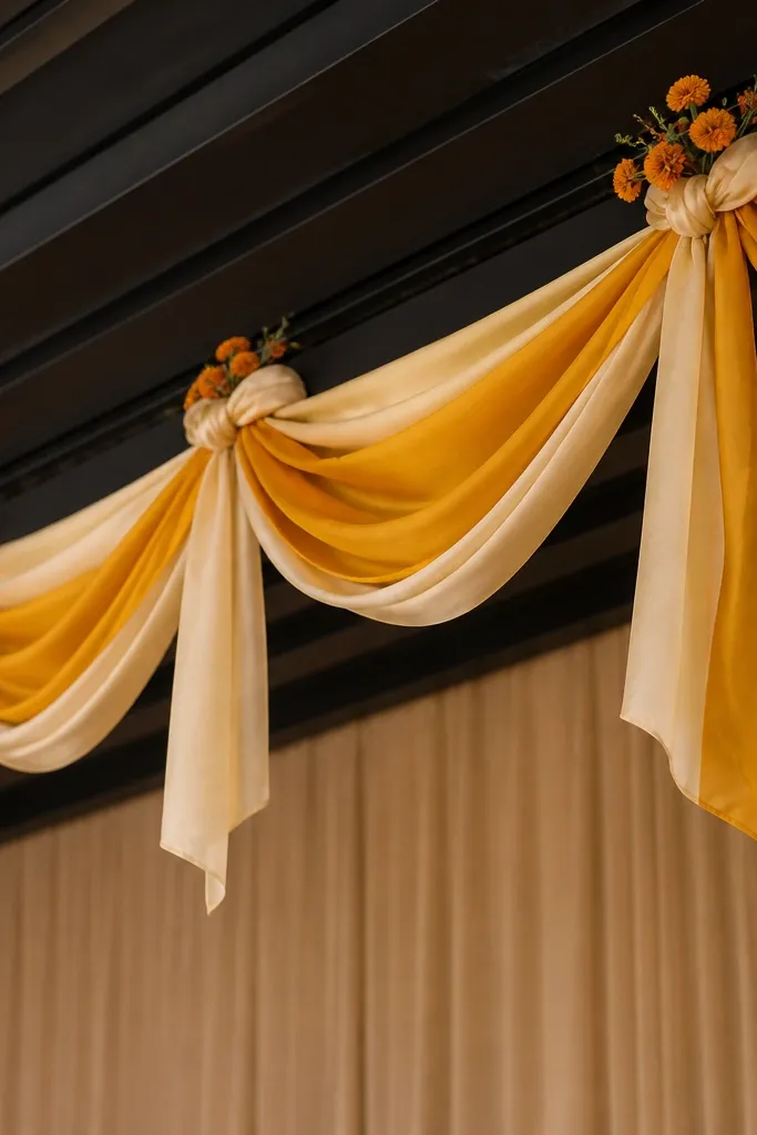 Satin ribbons tied into knots and draped from a ceiling support above the stage, forming a gentle swag. The ribbons are cream and mustard, with a few small marigold sprigs tucked at the knot points.