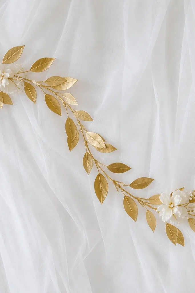 A white net backdrop with matte gold leaf vine strips arranged in a curved S-shape from left to right. Small ivory flowers are tucked at two points, and the background stays mostly open.