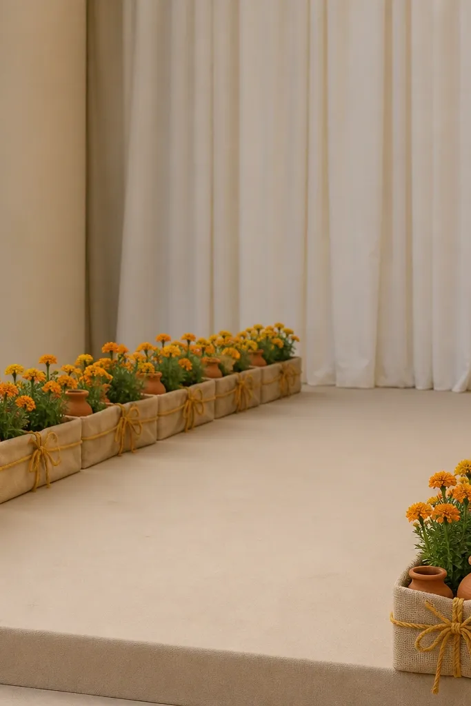 A row of low planters on both stage edges, each planter decorated with mini marigold stems and small terracotta pots. The planters are wrapped with cream burlap and tied with mustard twine.