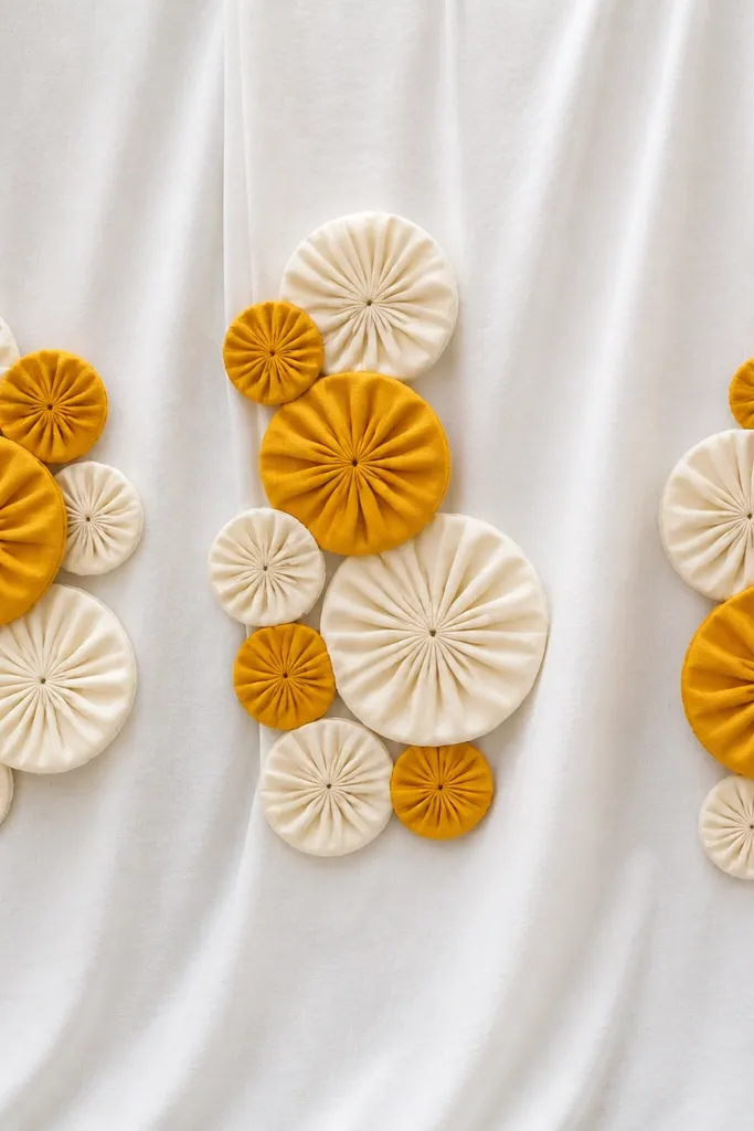 A white cloth backdrop with clustered rosettes made from folded fabric circles in turmeric and white. The clusters are arranged in three groupings: left, center, and right, with visible fabric layers.