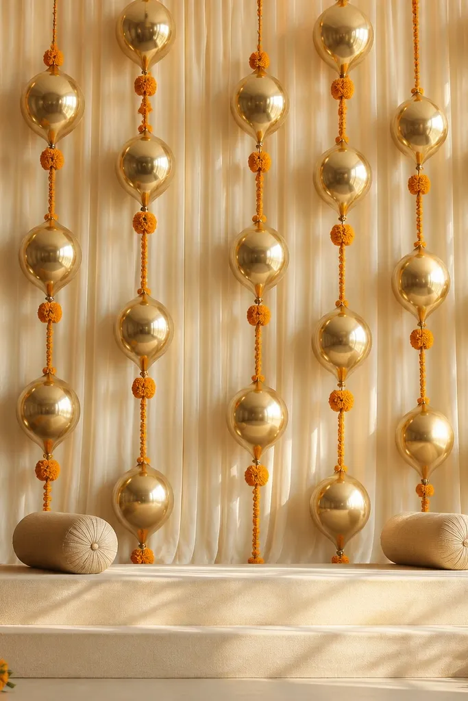 Gold foil balloons tied in vertical strings behind the stage, with marigold knots and small marigold garlands wrapped at the knot points. The background is cream cloth.