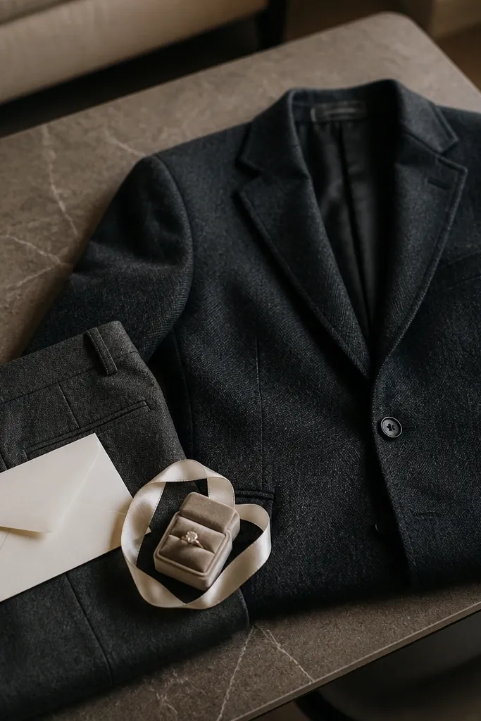 A charcoal wool blazer and charcoal trousers are laid out with an ivory envelope on a coffee table; the ring box sits inside a small satin ribbon loop, all in muted tones.