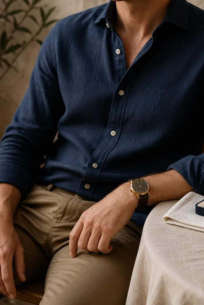 A deep navy linen button-down is partially open at the collar, paired with tan chinos; a brass watch rests on the wrist and a small ring box is placed on a linen napkin.