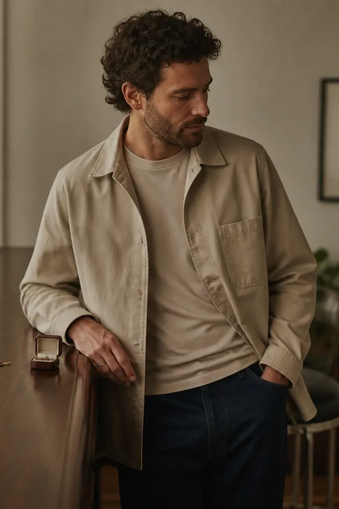 A sand overshirt over a neutral shirt with dark indigo jeans; a matchbook-style card sits on a wooden bar with the ring box beside it.