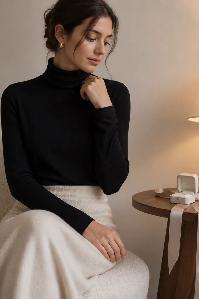 A black turtleneck top pairs with an oatmeal midi skirt; a satin ribbon holds a ring box on a small table with a soft lamp glow.