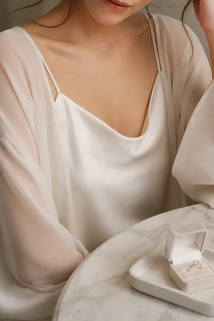 An ivory satin camisole under a sheer robe sleeve set; a small white tray holds the ring box and a single pearl earring beside it.