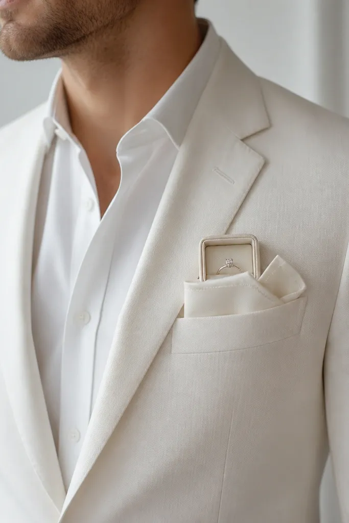 A white blazer over a plain shirt with no tie; a pocket square matches the shirt tone; the ring box sits in the blazer pocket with a small note beneath.