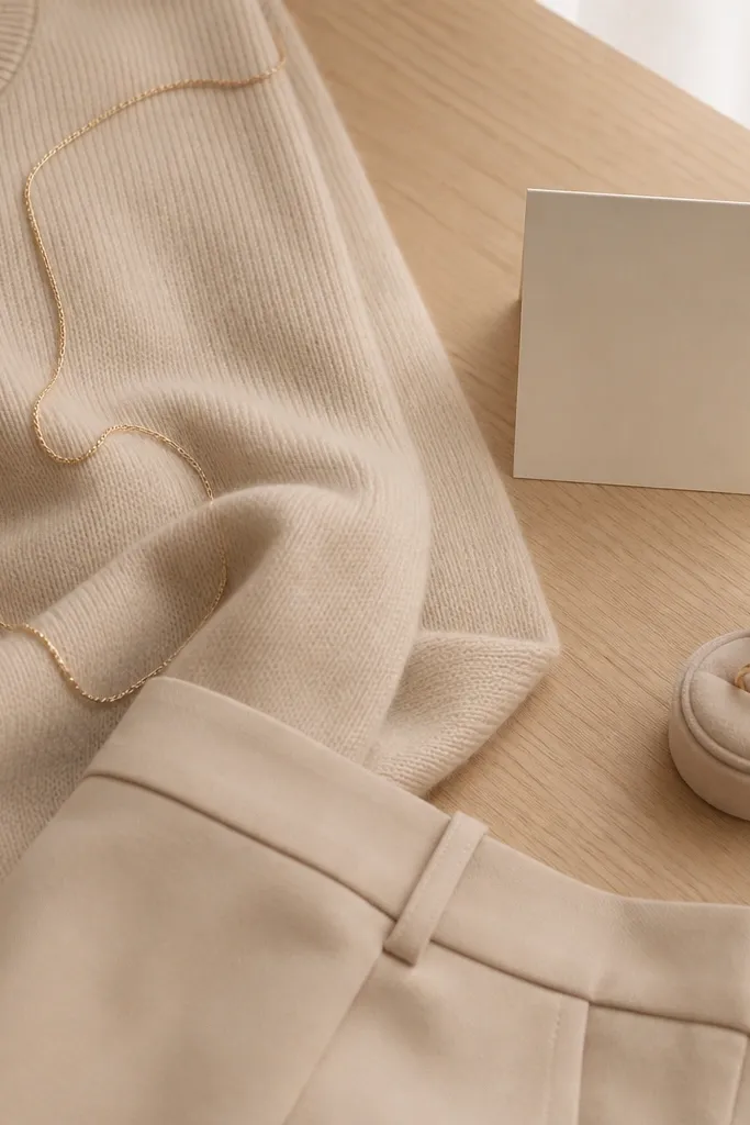 A monochrome beige outfit with a matching knit top and trousers; a thin gold chain rests against the fabric; a folded card sits on a light wood table with the ring box.