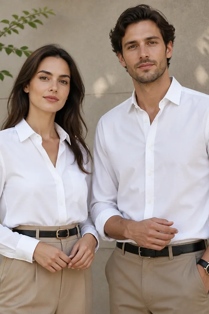A clean outdoor portrait with a simple background. She wears a crisp white button-down tucked into high-waist tan trousers and a thin black belt. He wears a white shirt with tan trousers and a black watch strap. They stand side by side, hands at waist level, with the black details visible near the center of the frame.