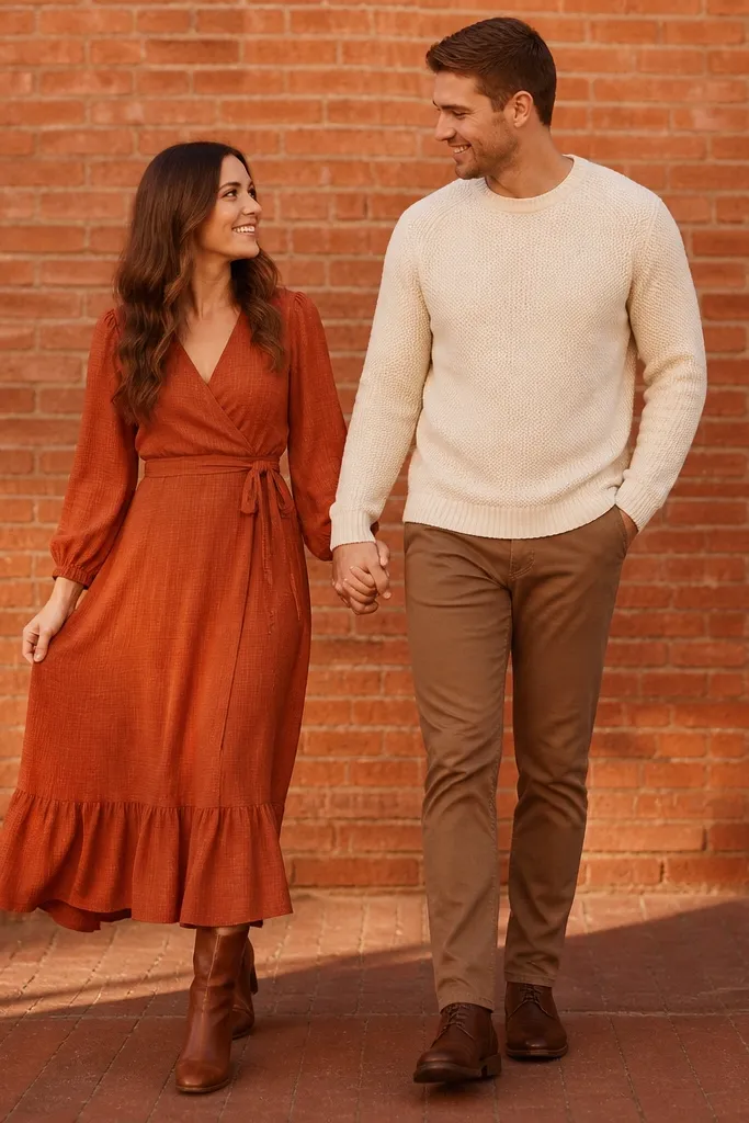 The couple stands on a warm brick or terracotta-toned wall background. She wears a terracotta wrap dress with a tie at the waist and long sleeves, paired with cognac leather boots. He wears a cream knit sweater and light brown trousers. They hold hands, and the warm tones create a soft sunset-like look even in daylight.