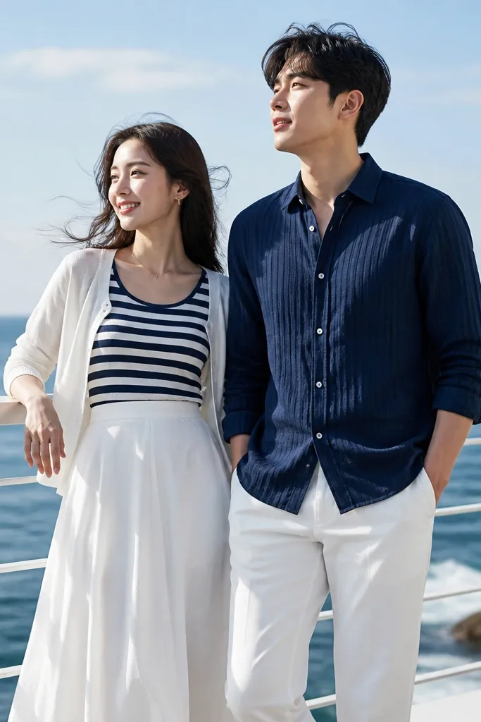 A crisp seaside-themed photo. She wears a navy-and-white striped sleeveless top under a light cardigan and a white midi skirt. He wears a navy button-up with subtle vertical texture and white trousers. They stand near a railing with sea wind, hair slightly moving, and the stripes are clearly visible.