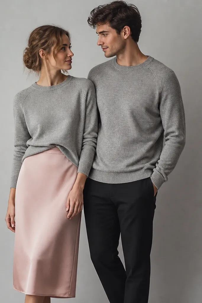 An indoor studio shot with a pale gray backdrop. She wears a soft pink midi skirt with a gray marl sweater tucked at the front, and he wears a matching gray marl crewneck with black trousers. Their bodies angle toward each other, and the photographer has framed them with clean edges and smooth negative space.