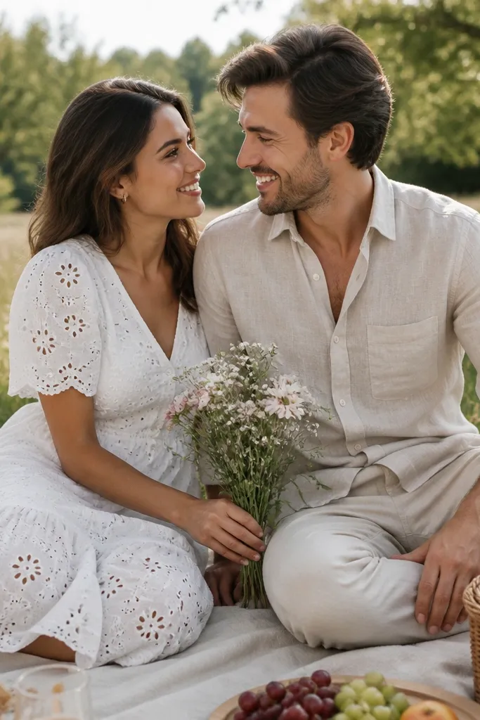 A picnic-style scene with a simple linen blanket. She wears a white eyelet dress with short sleeves and a subtle scalloped edge detail. He wears a natural linen shirt with sleeves rolled and light beige trousers. They sit close on the blanket, holding a small bouquet, with a soft outdoor background and gentle sunlight.