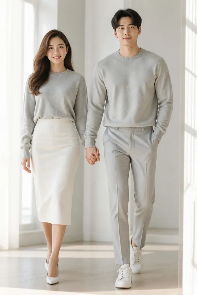 A bright indoor window scene with soft daylight. She wears a pastel gray sweater tucked into a white pencil skirt, and he wears a matching pastel gray crewneck with light gray trousers. They're captured mid-step, feet visible, with clean lines and minimal background clutter. The couple's hands are lightly held and their faces are turned toward the camera.