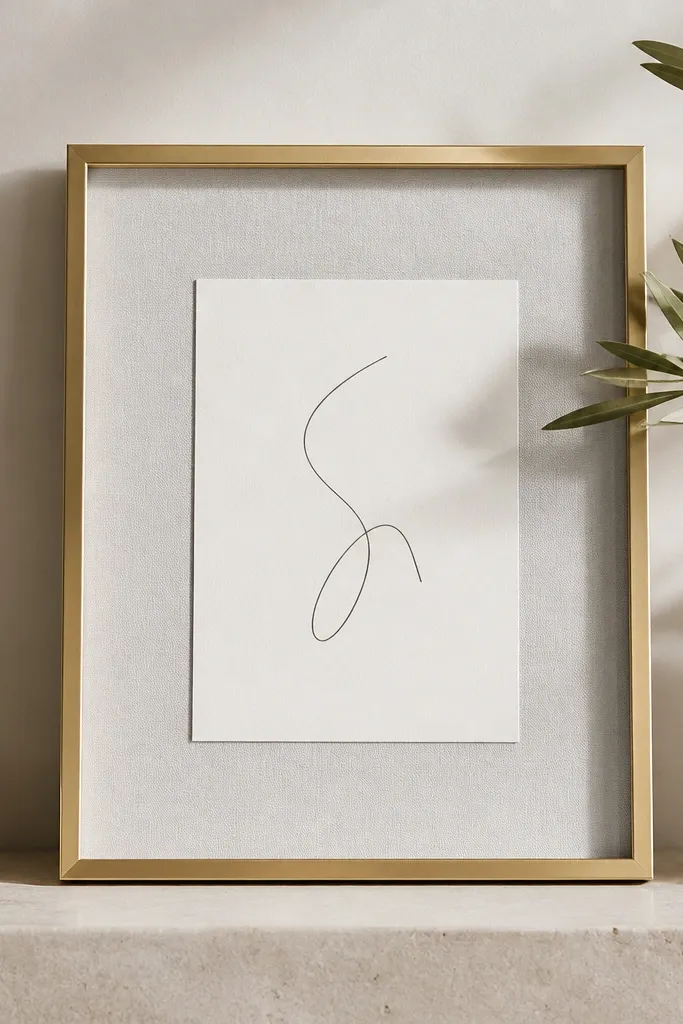 A slim satin brass rectangle frame. The inside has a light gray backing board, and one card with simple typography sits centered. The brass has a soft sheen, not mirror-like.