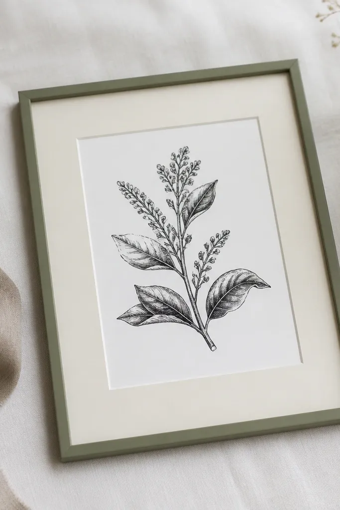 A matte sage green frame with a thin profile. Inside is a cream card mat and a white card with dark ink. The frame sits on a white linen tablecloth next to a small linen ribbon.