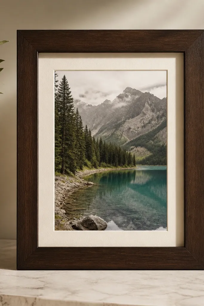 A dark walnut framed display holding one larger 8x10 card. The card is centered with a narrow cream mat border. The wood grain looks deep and straight, and the glass is clear.